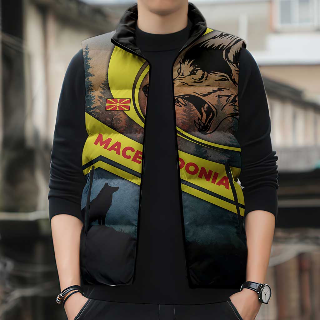 Macedonia Sleeveless Puffer Jacket with Forest Wolf and Sunset Silhouette Design - Wonder Print Shop