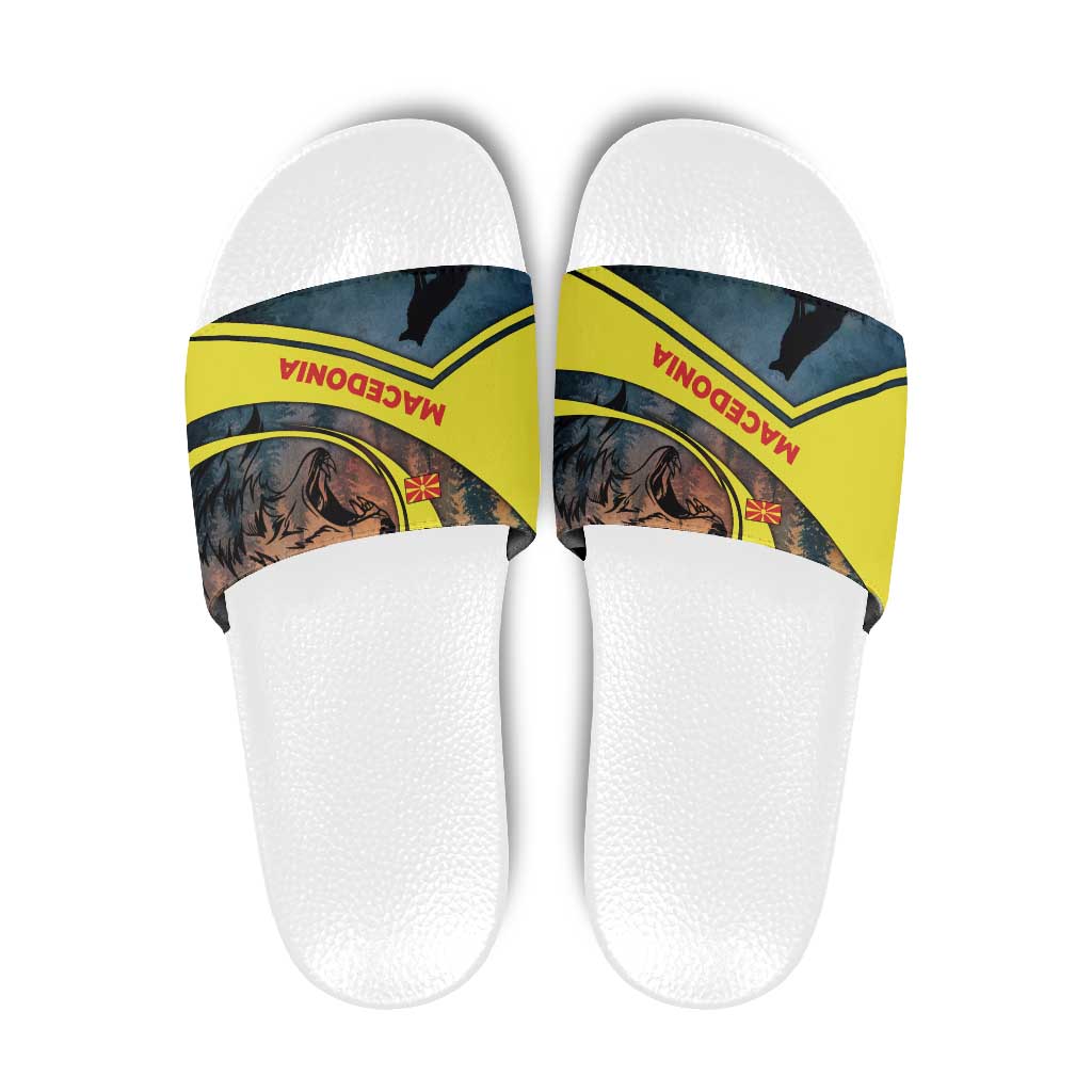 Macedonia Slide Sandals with Forest Wolf and Sunset Silhouette Design - Wonder Print Shop