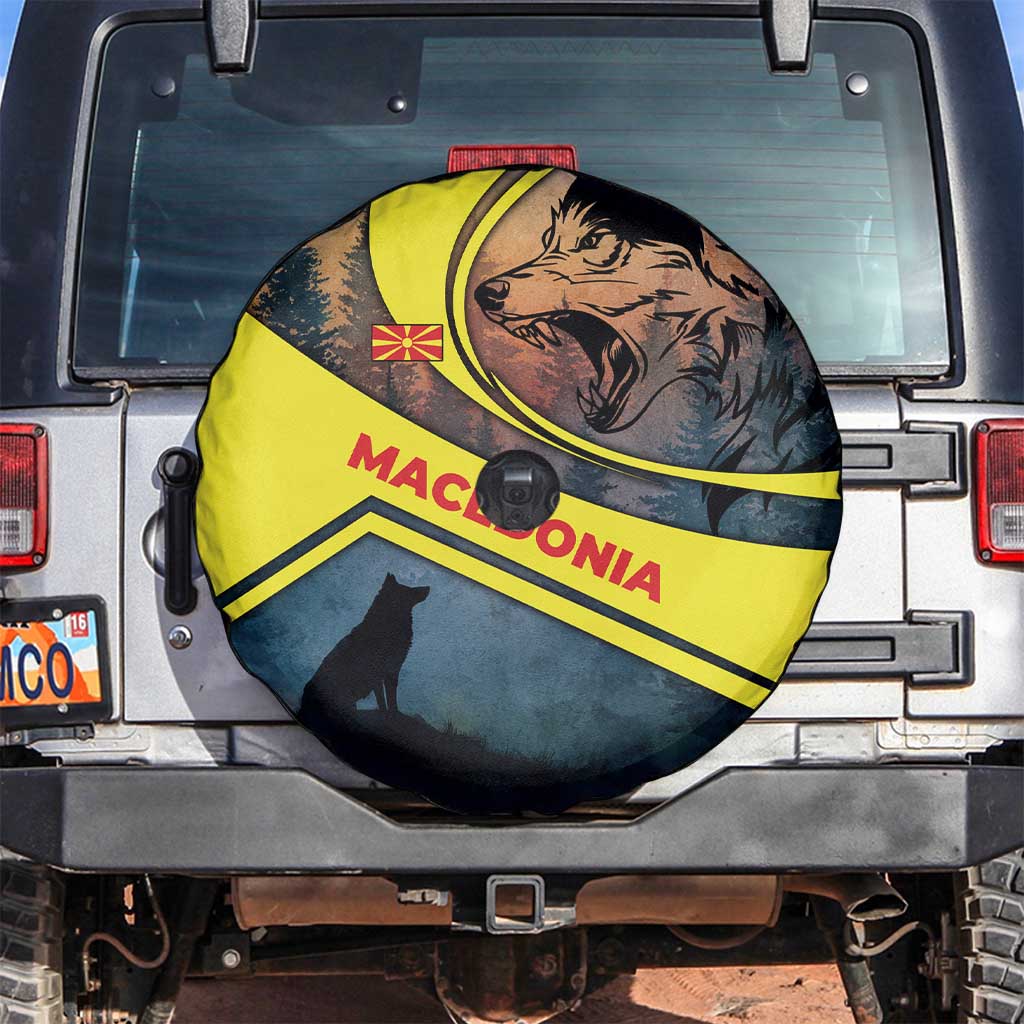Macedonia Spare Tire Cover with Forest Wolf and Sunset Silhouette Design - Wonder Print Shop