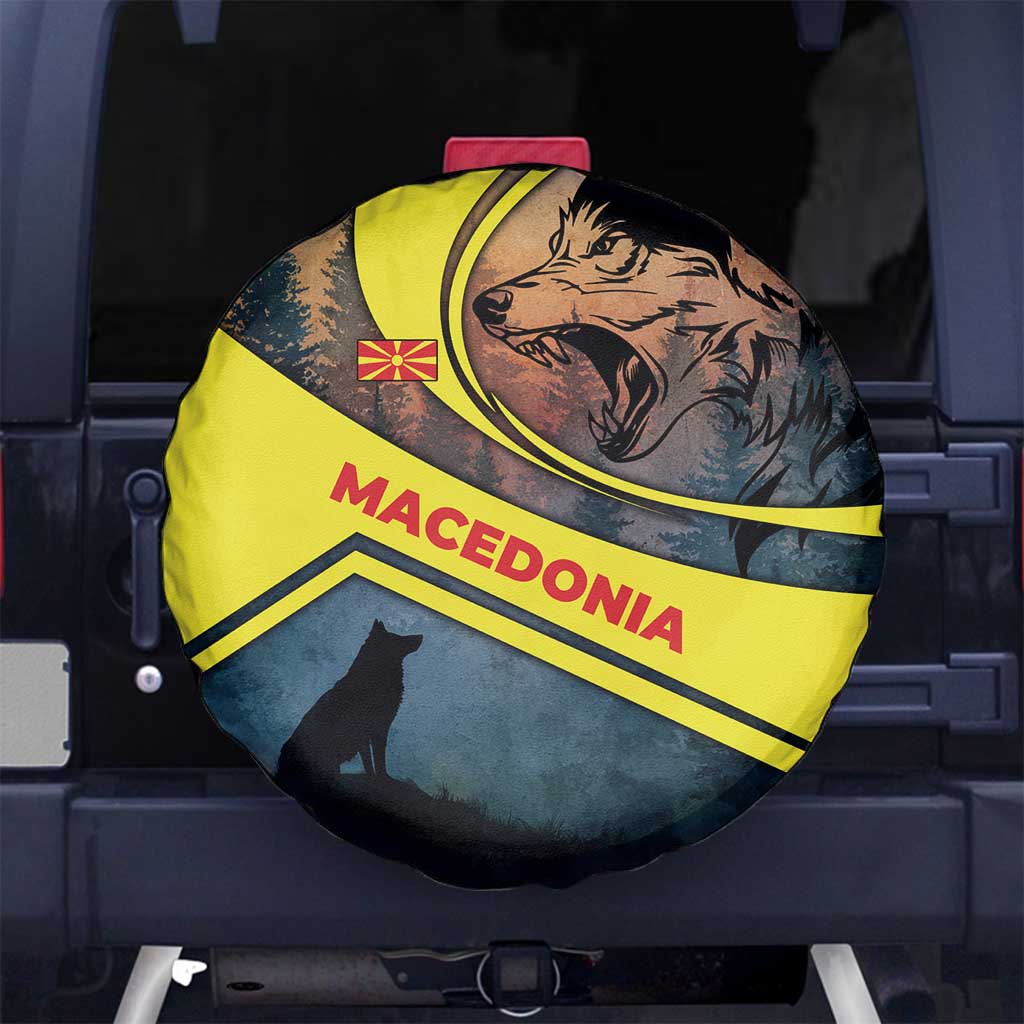 Macedonia Spare Tire Cover with Forest Wolf and Sunset Silhouette Design - Wonder Print Shop