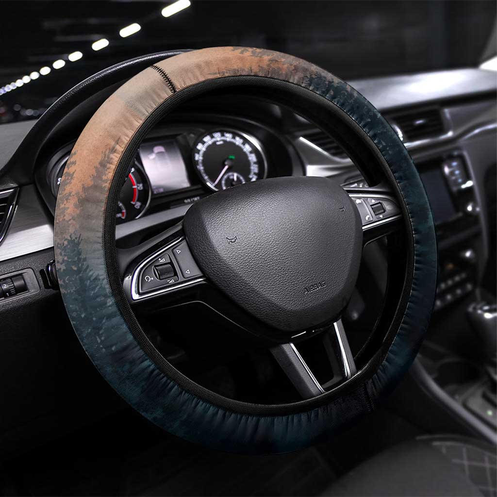 Macedonia Steering Wheel Cover with Forest Wolf and Sunset Silhouette Design - Wonder Print Shop