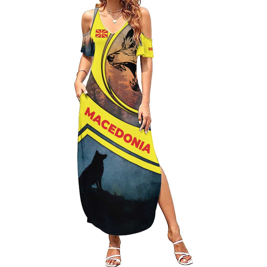 Macedonia Summer Maxi Dress with Forest Wolf and Sunset Silhouette Design - Wonder Print Shop