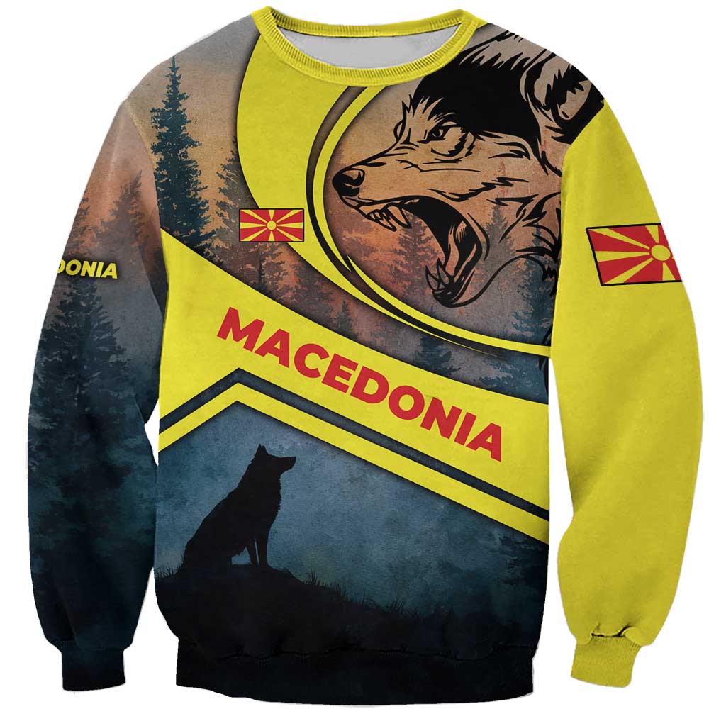 Macedonia Sweatshirt with Forest Wolf and Sunset Silhouette Design - Wonder Print Shop