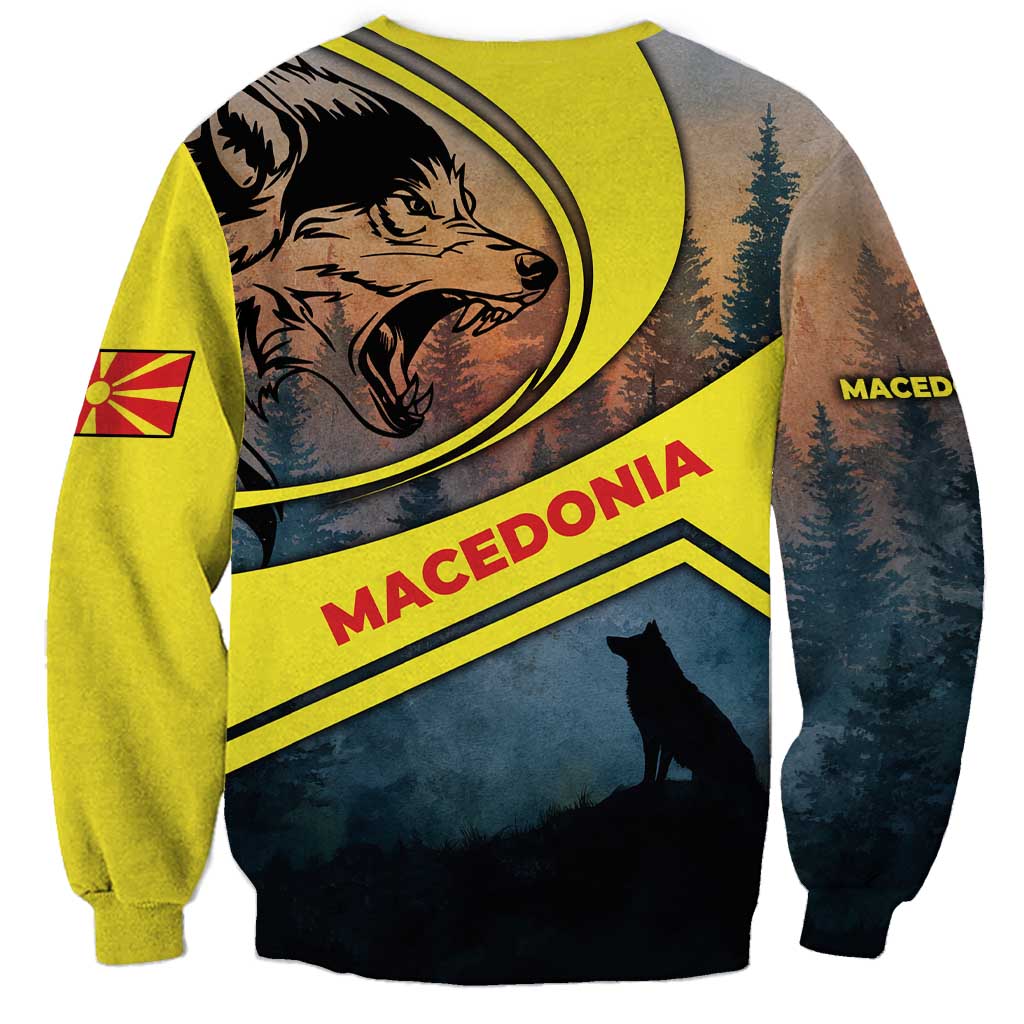 Macedonia Sweatshirt with Forest Wolf and Sunset Silhouette Design - Wonder Print Shop