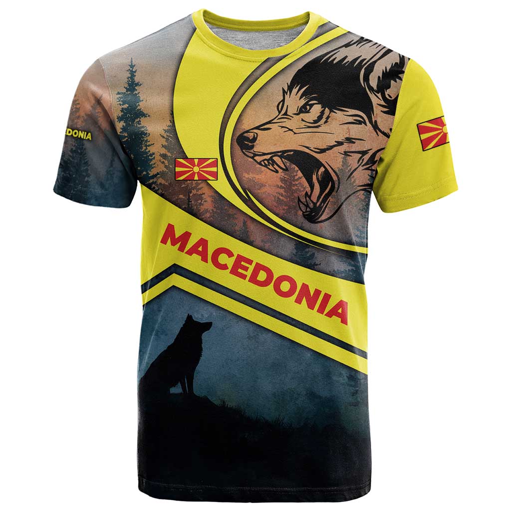 Macedonia T Shirt with Forest Wolf and Sunset Silhouette Design - Wonder Print Shop