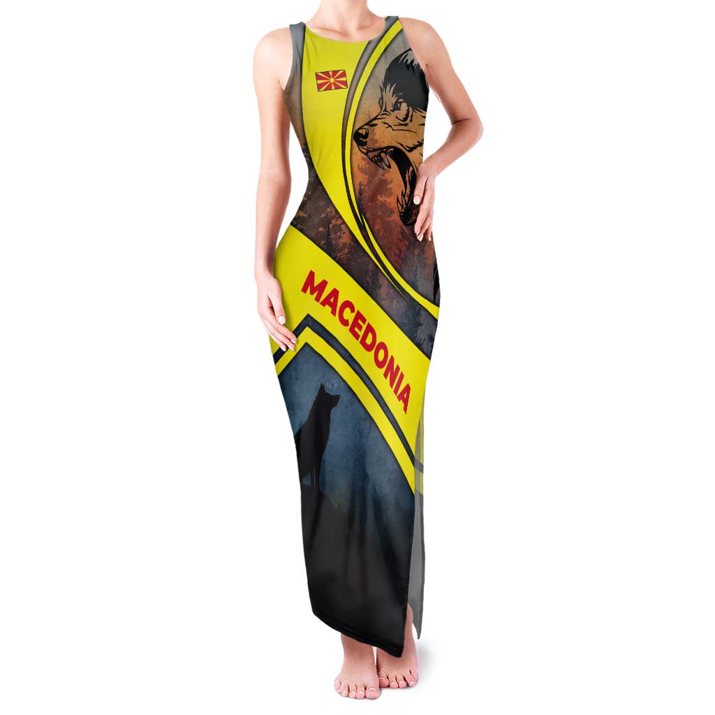 Macedonia Tank Maxi Dress with Forest Wolf and Sunset Silhouette Design - Wonder Print Shop