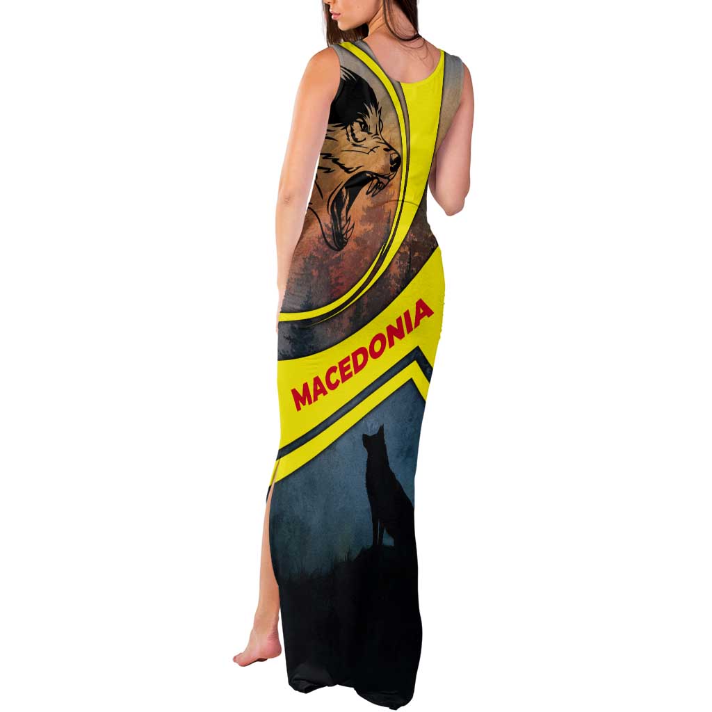Macedonia Tank Maxi Dress with Forest Wolf and Sunset Silhouette Design - Wonder Print Shop