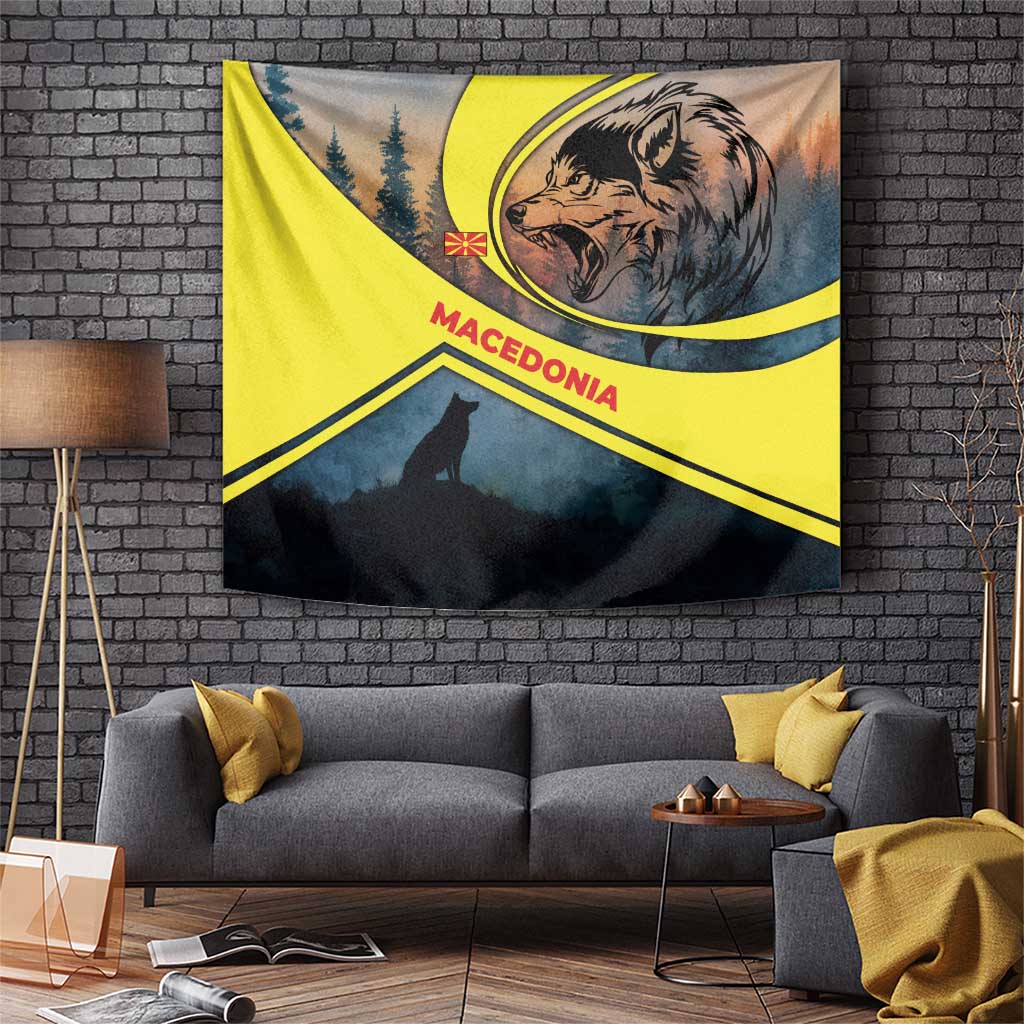 Macedonia Tapestry with Forest Wolf and Sunset Silhouette Design - Wonder Print Shop