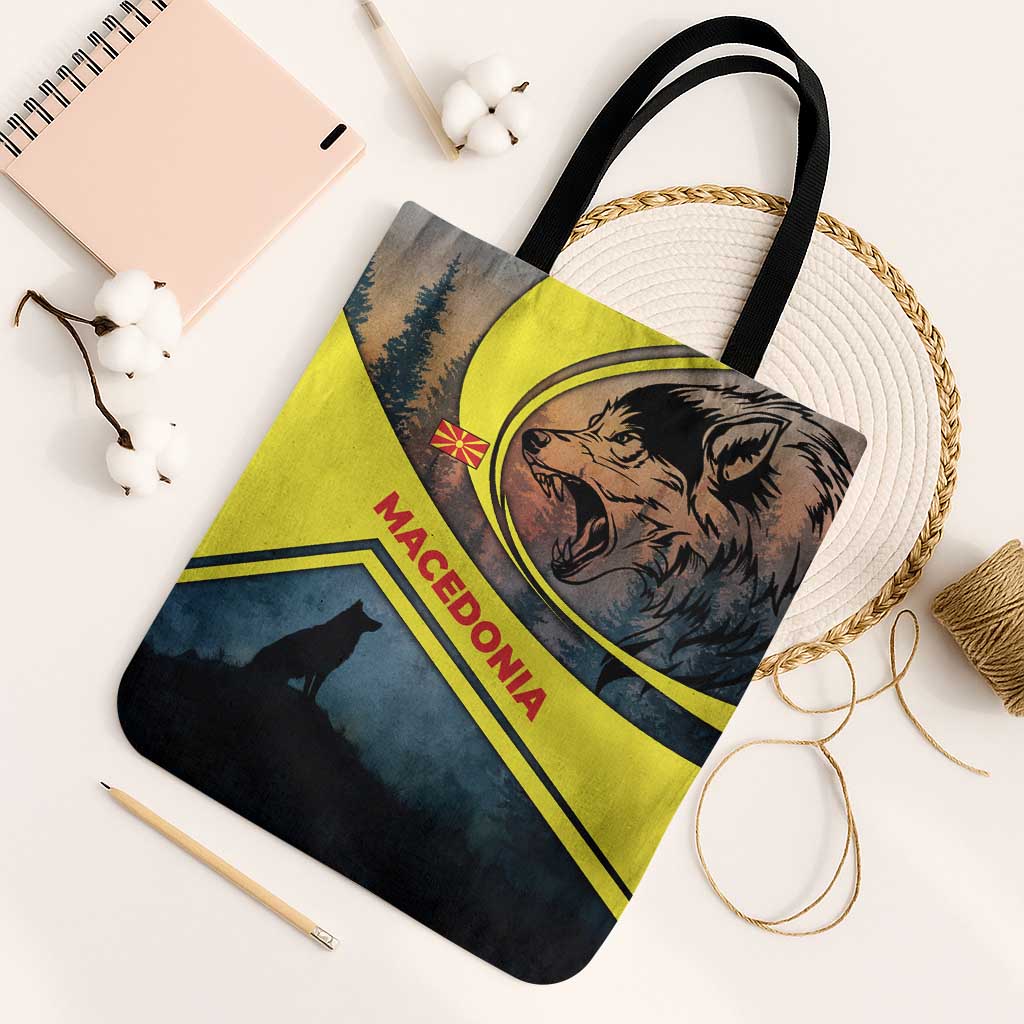 Macedonia Tote Bag with Forest Wolf and Sunset Silhouette Design - Wonder Print Shop