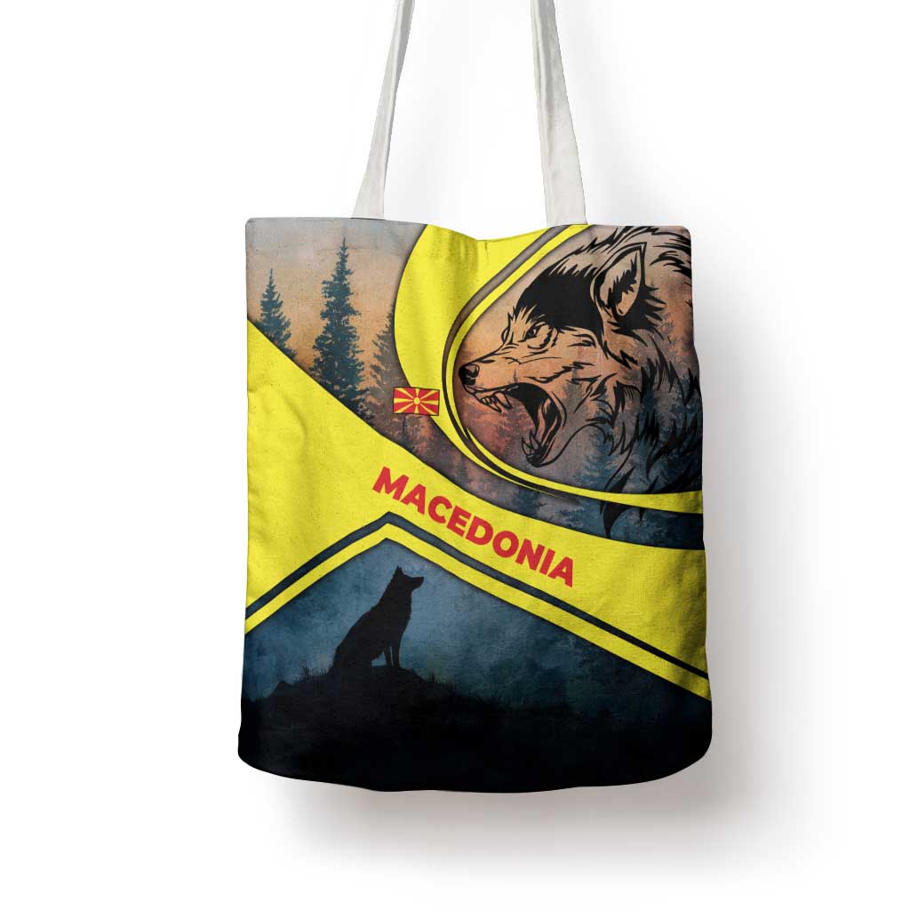 Macedonia Tote Bag with Forest Wolf and Sunset Silhouette Design - Wonder Print Shop