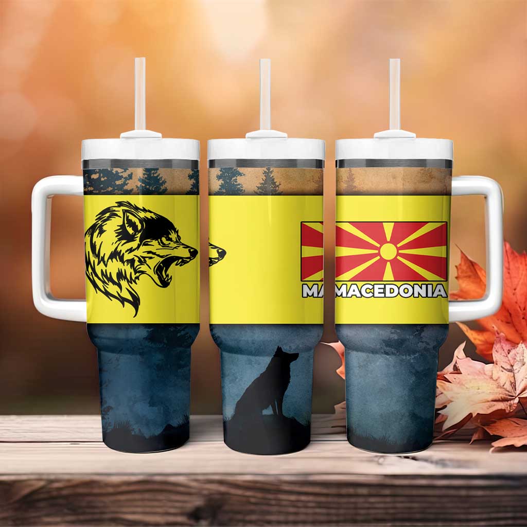 Macedonia Tumbler With Handle with Forest Wolf and Sunset Silhouette Design - Wonder Print Shop