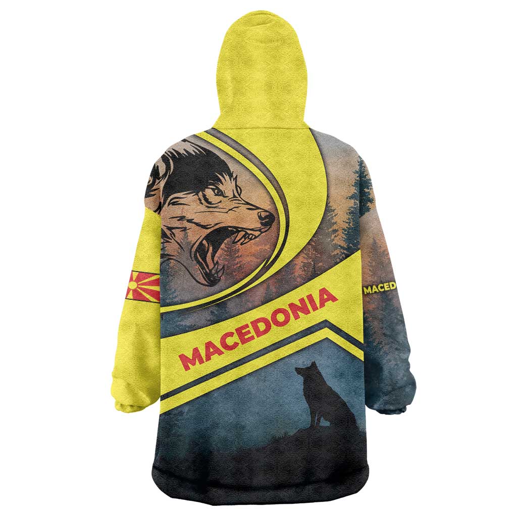 Macedonia Wearable Blanket Hoodie with Forest Wolf and Sunset Silhouette Design - Wonder Print Shop