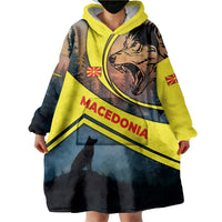 Macedonia Wearable Blanket Hoodie with Forest Wolf and Sunset Silhouette Design - Wonder Print Shop