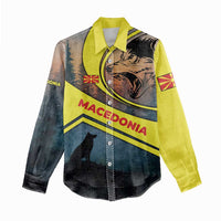 Macedonia Women Casual Shirt with Forest Wolf and Sunset Silhouette Design - Wonder Print Shop