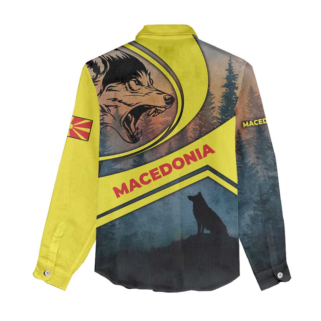 Macedonia Women Casual Shirt with Forest Wolf and Sunset Silhouette Design - Wonder Print Shop