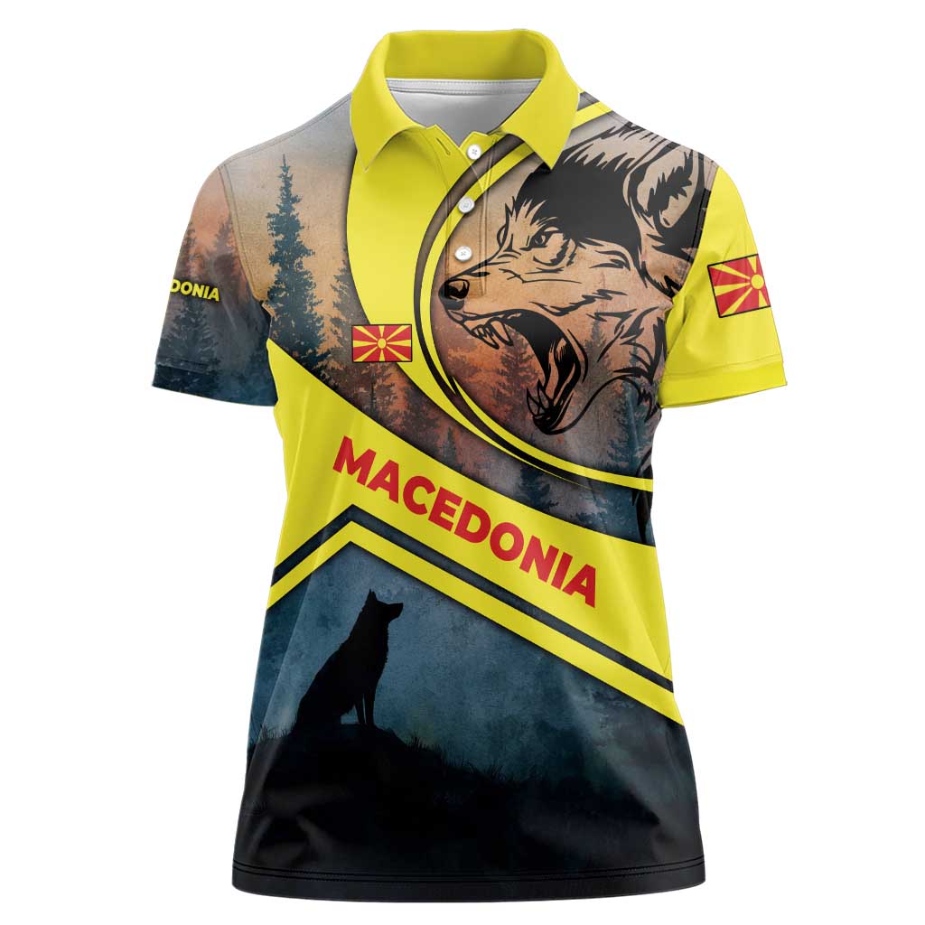 Macedonia Women Polo Shirt with Forest Wolf and Sunset Silhouette Design - Wonder Print Shop