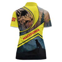 Macedonia Women Polo Shirt with Forest Wolf and Sunset Silhouette Design - Wonder Print Shop