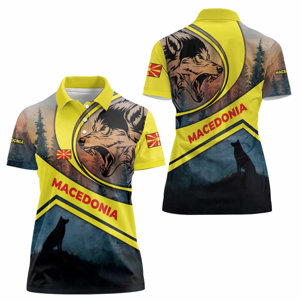 Macedonia Women Polo Shirt with Forest Wolf and Sunset Silhouette Design - Wonder Print Shop