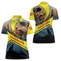 Macedonia Women Polo Shirt with Forest Wolf and Sunset Silhouette Design - Wonder Print Shop