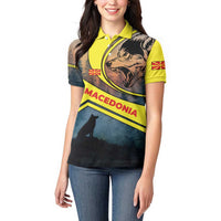 Macedonia Women Polo Shirt with Forest Wolf and Sunset Silhouette Design - Wonder Print Shop