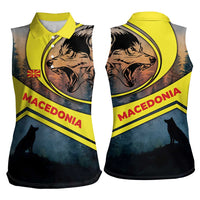 Macedonia Women Sleeveless Polo Shirt with Forest Wolf and Sunset Silhouette Design - Wonder Print Shop