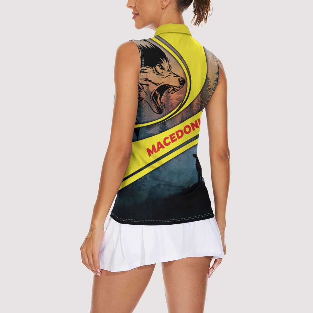 Macedonia Women Sleeveless Polo Shirt with Forest Wolf and Sunset Silhouette Design - Wonder Print Shop