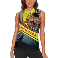 Macedonia Women Sleeveless Polo Shirt with Forest Wolf and Sunset Silhouette Design - Wonder Print Shop