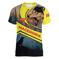 Macedonia Women V-Neck T-Shirt with Forest Wolf and Sunset Silhouette Design - Wonder Print Shop
