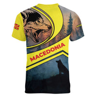 Macedonia Women V-Neck T-Shirt with Forest Wolf and Sunset Silhouette Design - Wonder Print Shop