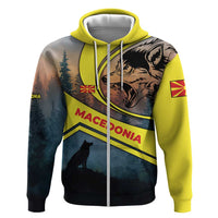 Macedonia Zip Hoodie with Forest Wolf and Sunset Silhouette Design - Wonder Print Shop
