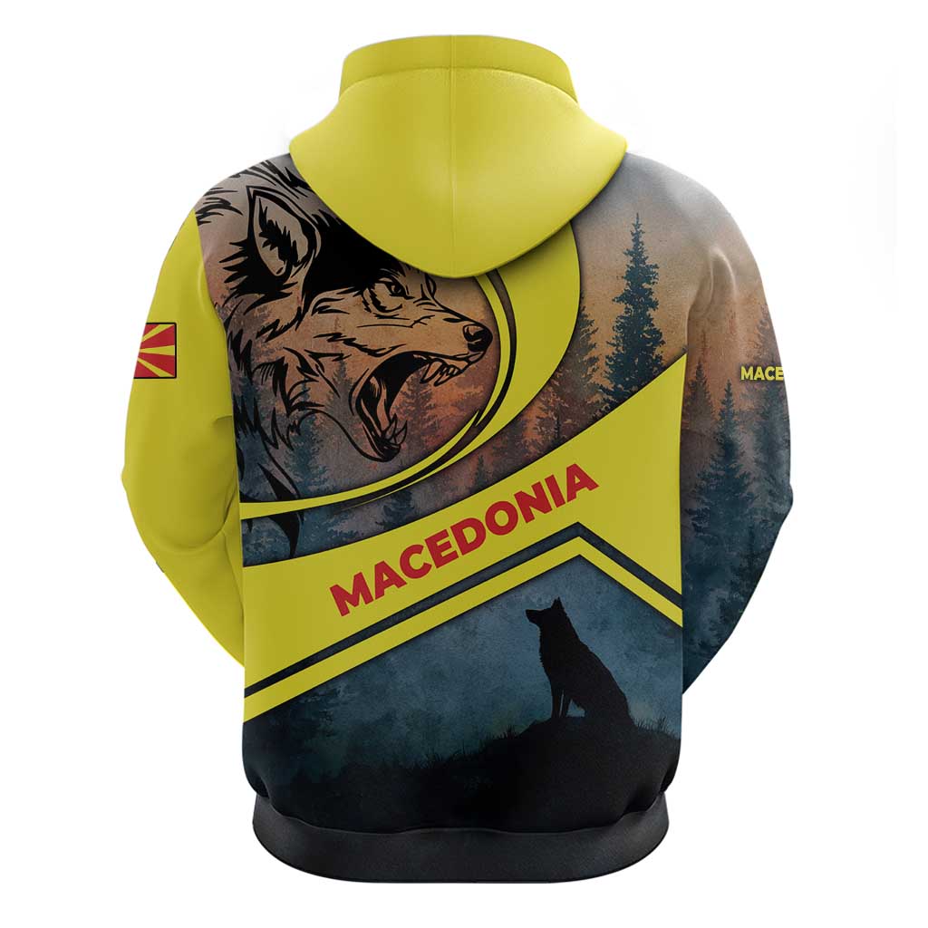 Macedonia Zip Hoodie with Forest Wolf and Sunset Silhouette Design - Wonder Print Shop