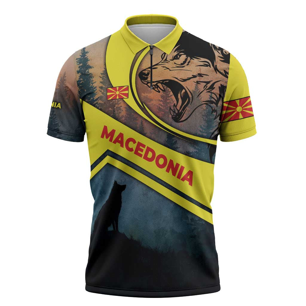 Macedonia Zipper Polo Shirt with Forest Wolf and Sunset Silhouette Design - Wonder Print Shop