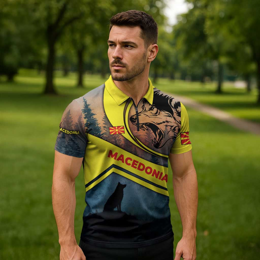 Macedonia Zipper Polo Shirt with Forest Wolf and Sunset Silhouette Design - Wonder Print Shop