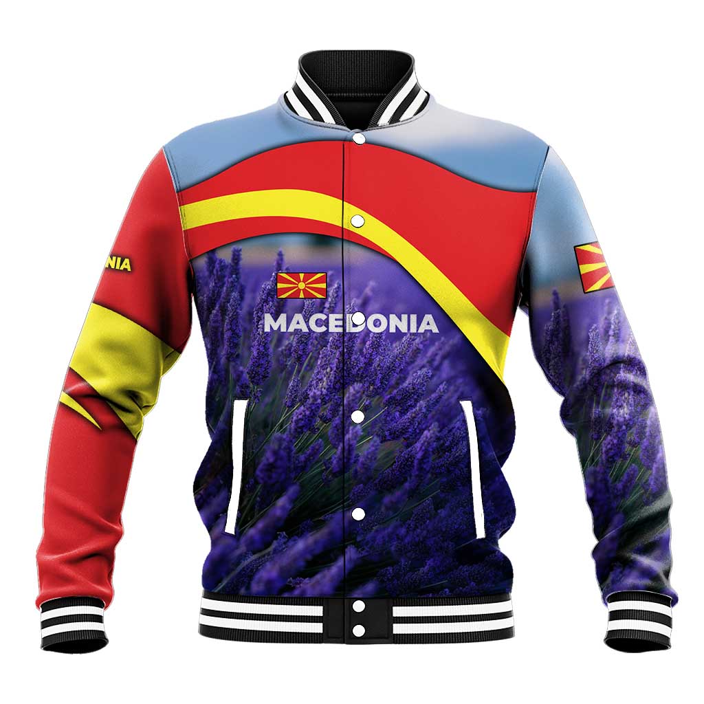 Macedonia Baseball Jacket with Lavender Field and Bloom Curve Design - Wonder Print Shop
