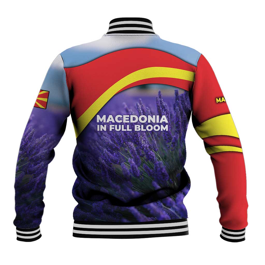 Macedonia Baseball Jacket with Lavender Field and Bloom Curve Design - Wonder Print Shop