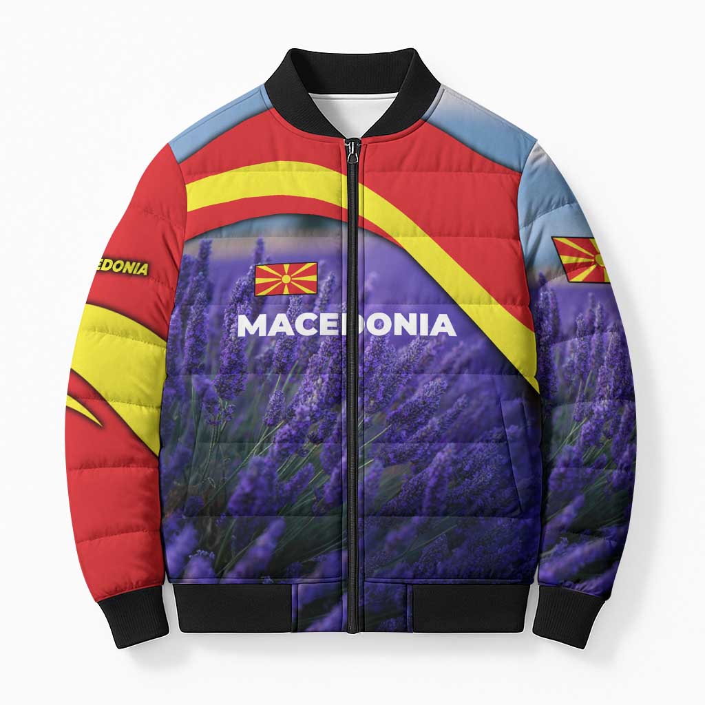 Macedonia Bomber Puffer Jacket with Lavender Field and Bloom Curve Design - Wonder Print Shop