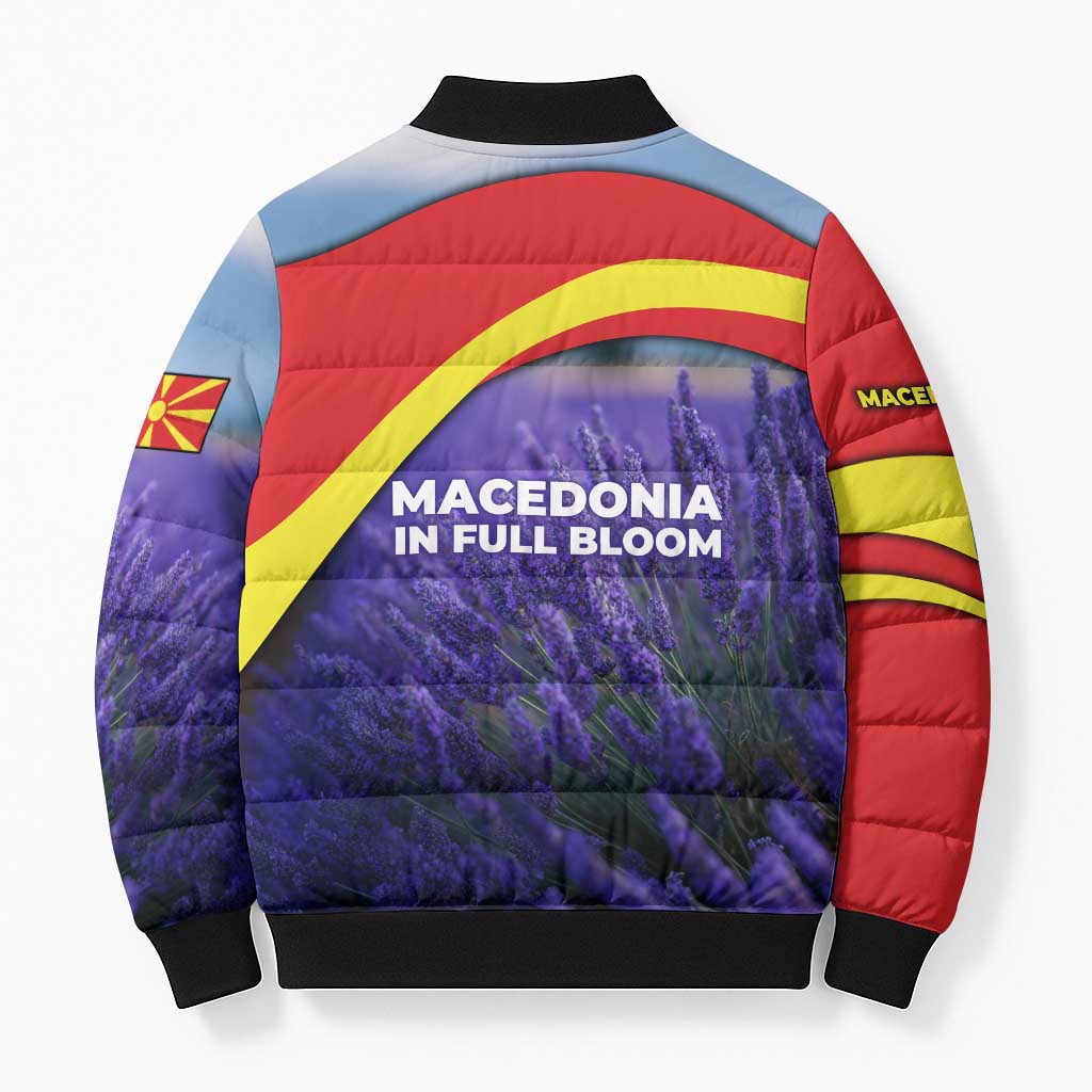 Macedonia Bomber Puffer Jacket with Lavender Field and Bloom Curve Design - Wonder Print Shop