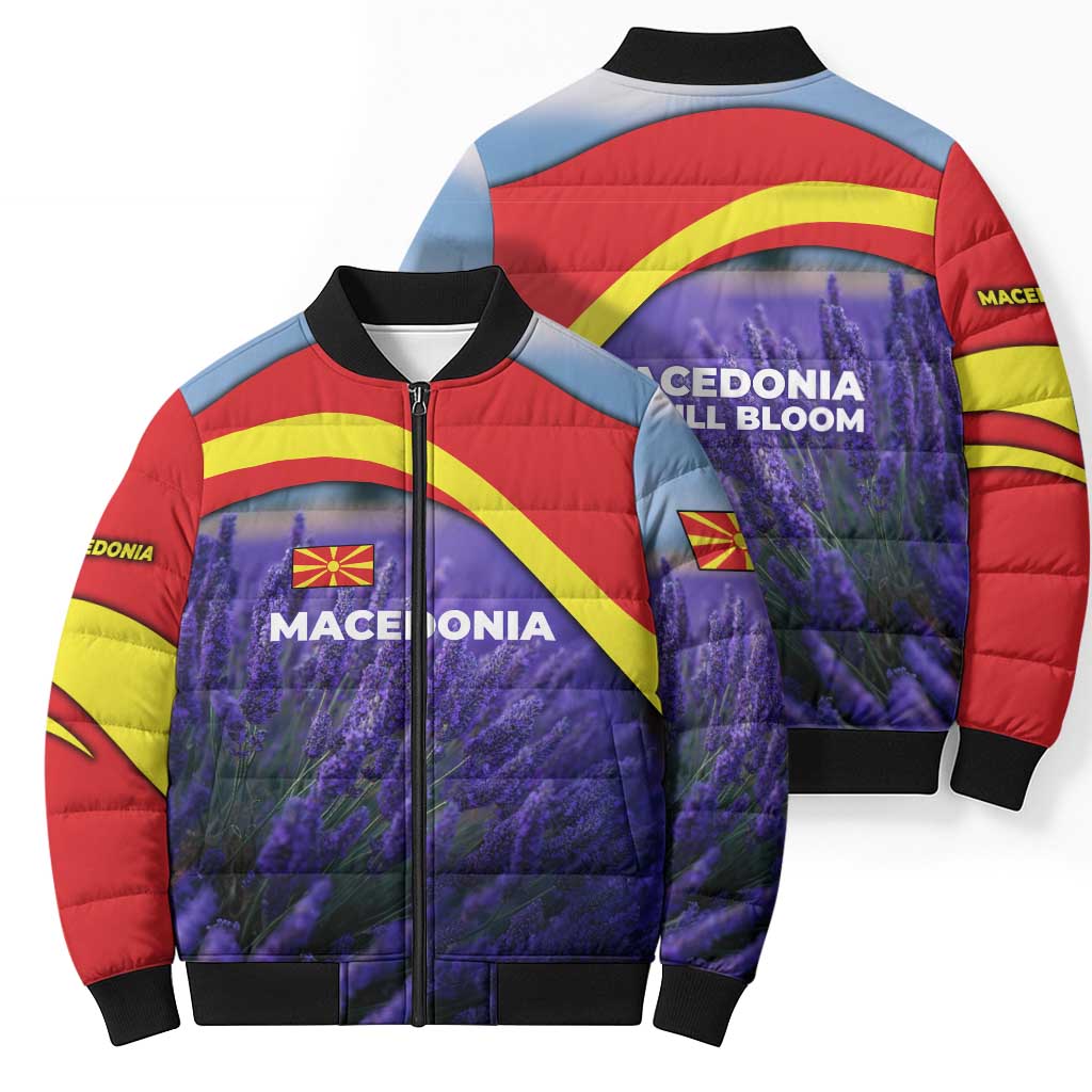 Macedonia Bomber Puffer Jacket with Lavender Field and Bloom Curve Design - Wonder Print Shop