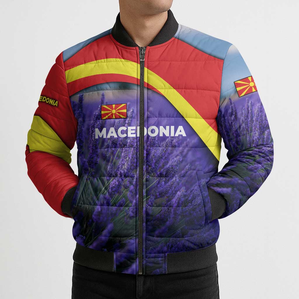 Macedonia Bomber Puffer Jacket with Lavender Field and Bloom Curve Design - Wonder Print Shop