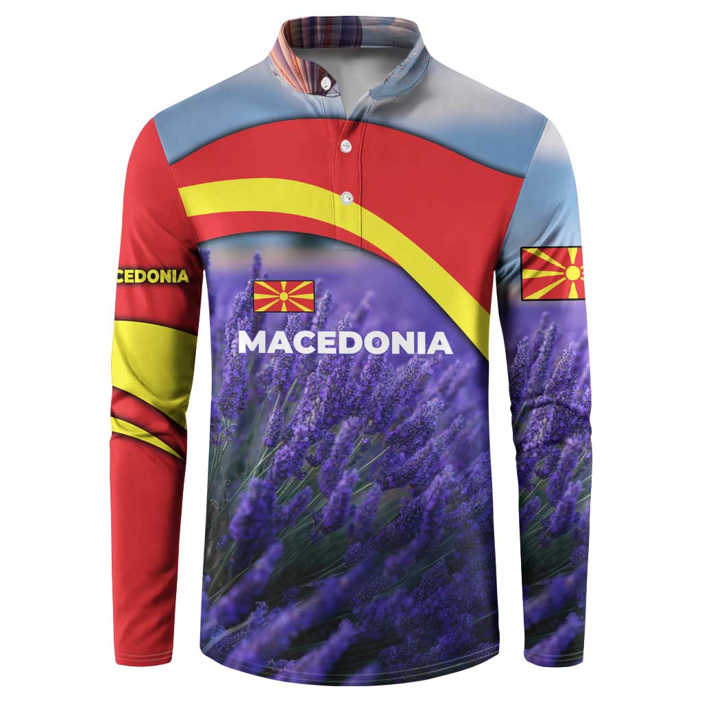 Macedonia Button Sweatshirt with Lavender Field and Bloom Curve Design - Wonder Print Shop