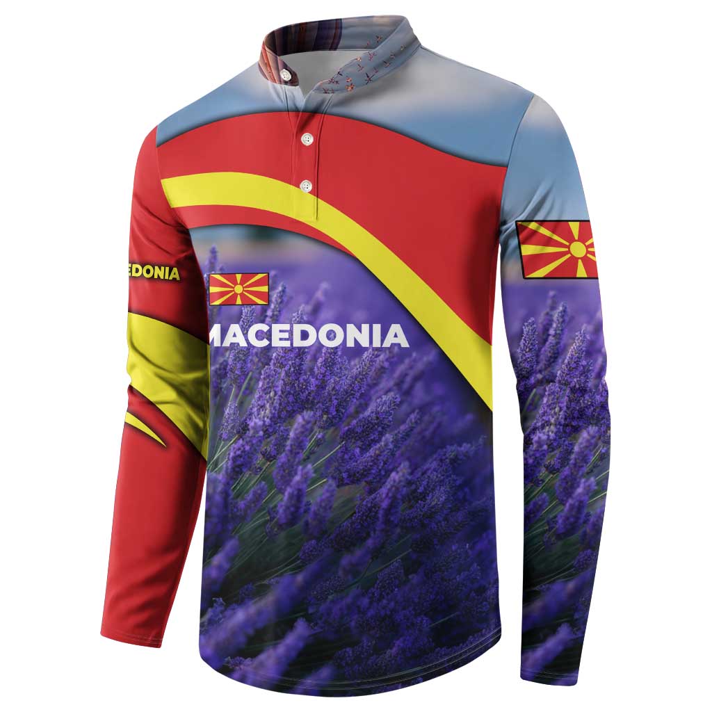 Macedonia Button Sweatshirt with Lavender Field and Bloom Curve Design - Wonder Print Shop