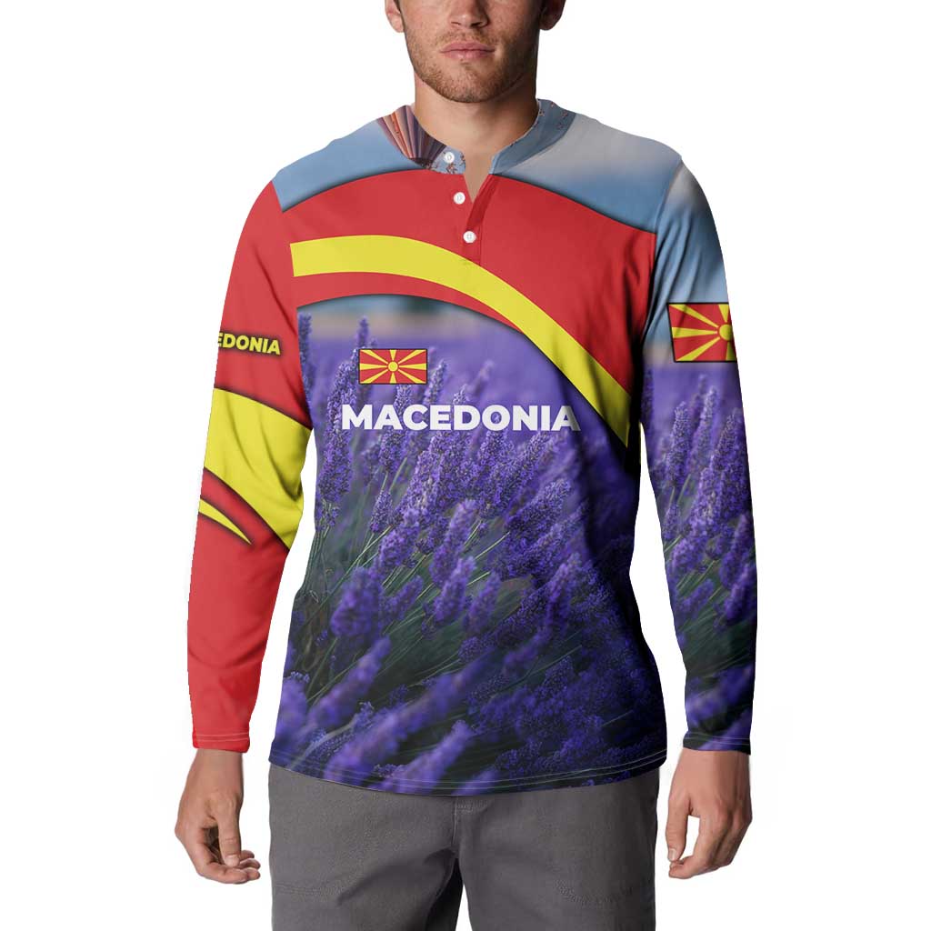 Macedonia Button Sweatshirt with Lavender Field and Bloom Curve Design - Wonder Print Shop
