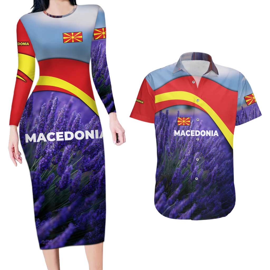Macedonia Couples Matching Long Sleeve Bodycon Dress and Hawaiian Shirt with Lavender Field and Bloom Curve Design - Wonder Print Shop