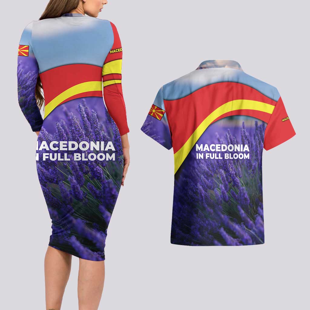 Macedonia Couples Matching Long Sleeve Bodycon Dress and Hawaiian Shirt with Lavender Field and Bloom Curve Design - Wonder Print Shop