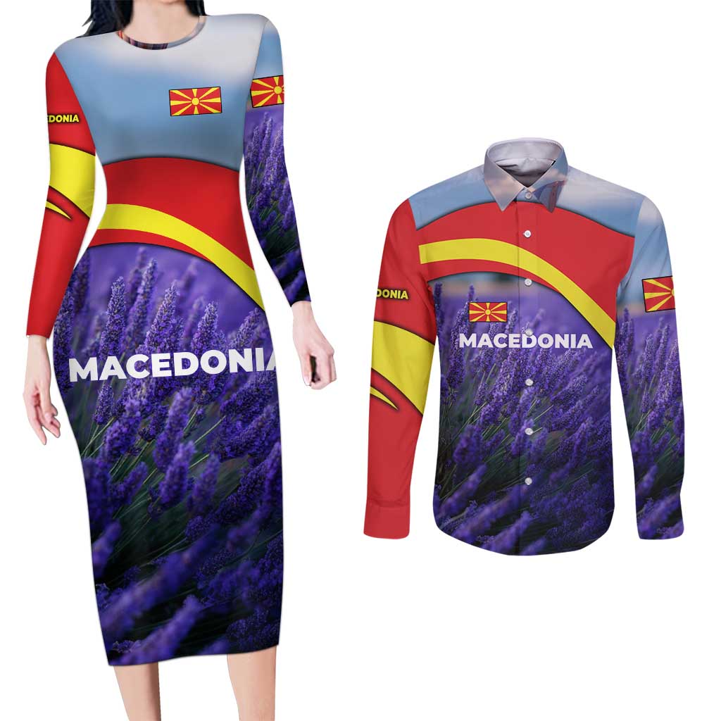 Macedonia Couples Matching Long Sleeve Bodycon Dress and Long Sleeve Button Shirt with Lavender Field and Bloom Curve Design - Wonder Print Shop