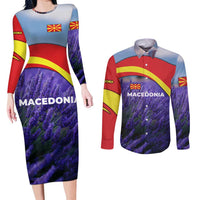 Macedonia Couples Matching Long Sleeve Bodycon Dress and Long Sleeve Button Shirt with Lavender Field and Bloom Curve Design - Wonder Print Shop