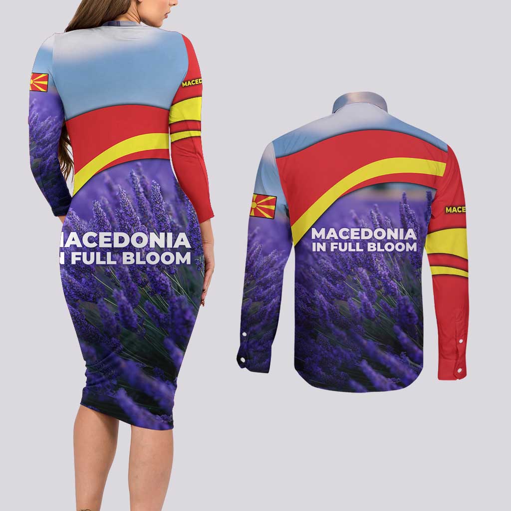 Macedonia Couples Matching Long Sleeve Bodycon Dress and Long Sleeve Button Shirt with Lavender Field and Bloom Curve Design - Wonder Print Shop