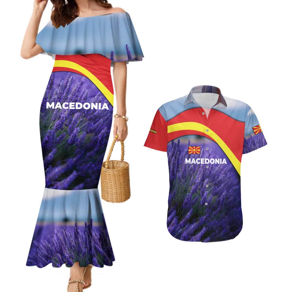 Macedonia Couples Matching Mermaid Dress and Hawaiian Shirt with Lavender Field and Bloom Curve Design - Wonder Print Shop