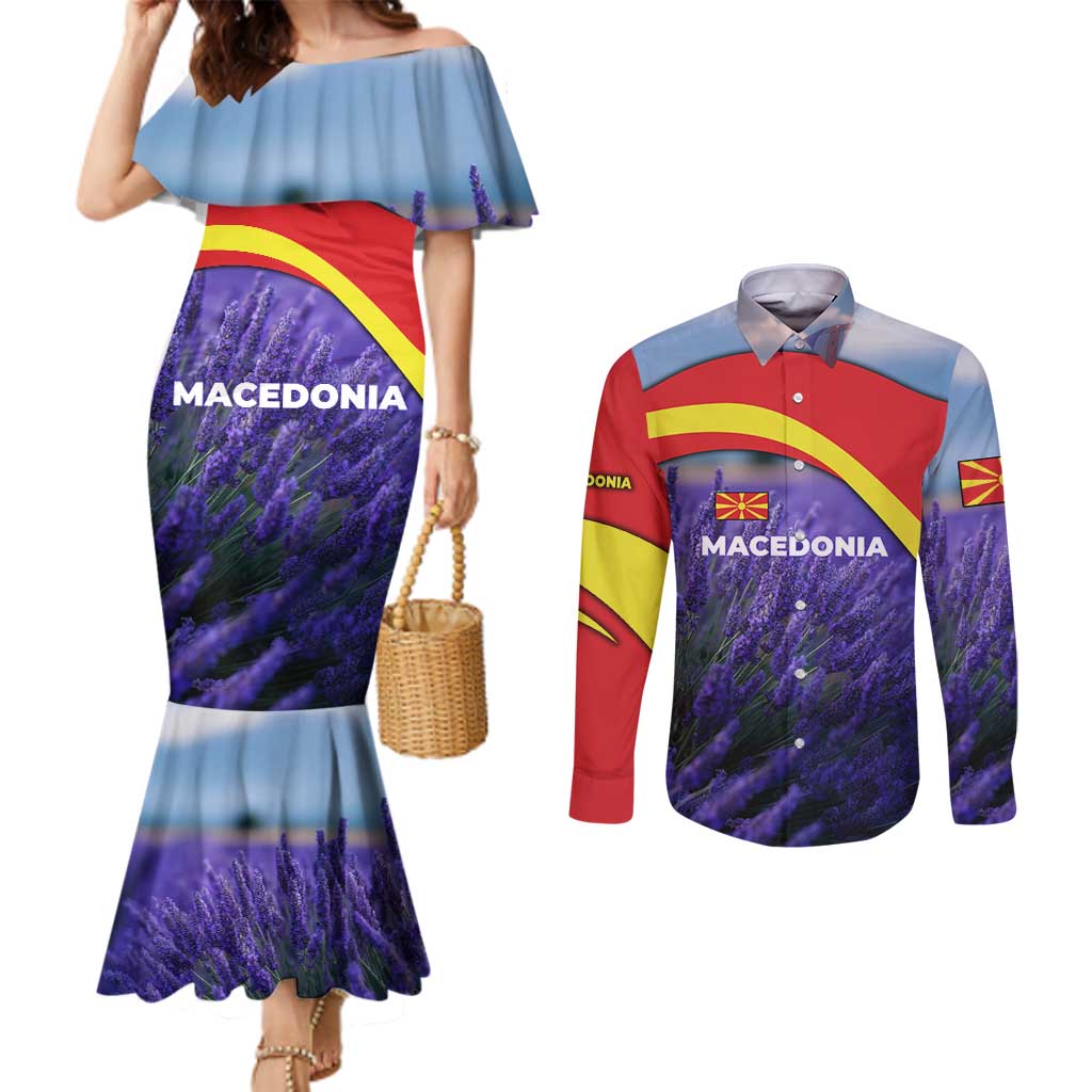 Macedonia Couples Matching Mermaid Dress and Long Sleeve Button Shirt with Lavender Field and Bloom Curve Design - Wonder Print Shop