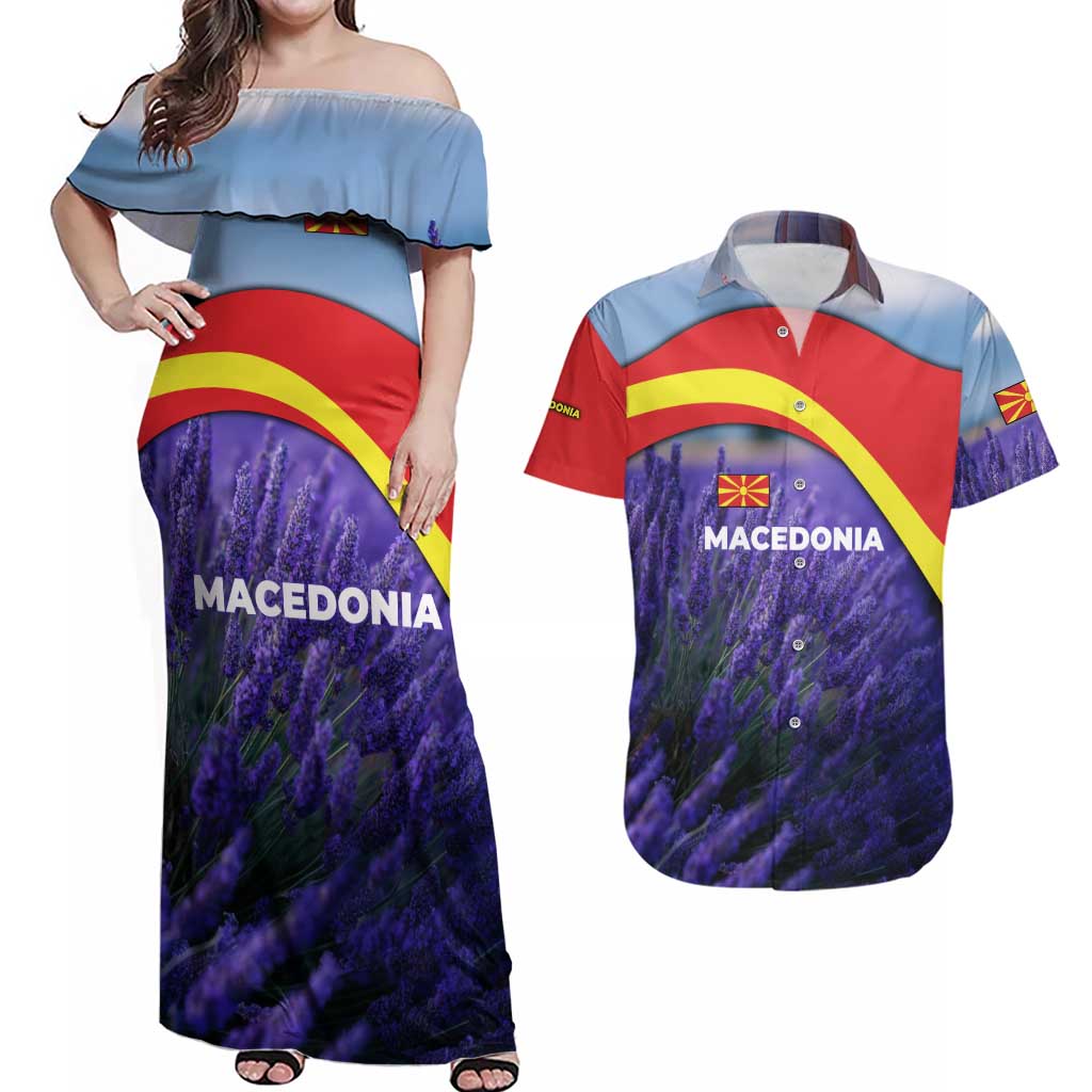Macedonia Couples Matching Off Shoulder Maxi Dress and Hawaiian Shirt with Lavender Field and Bloom Curve Design - Wonder Print Shop